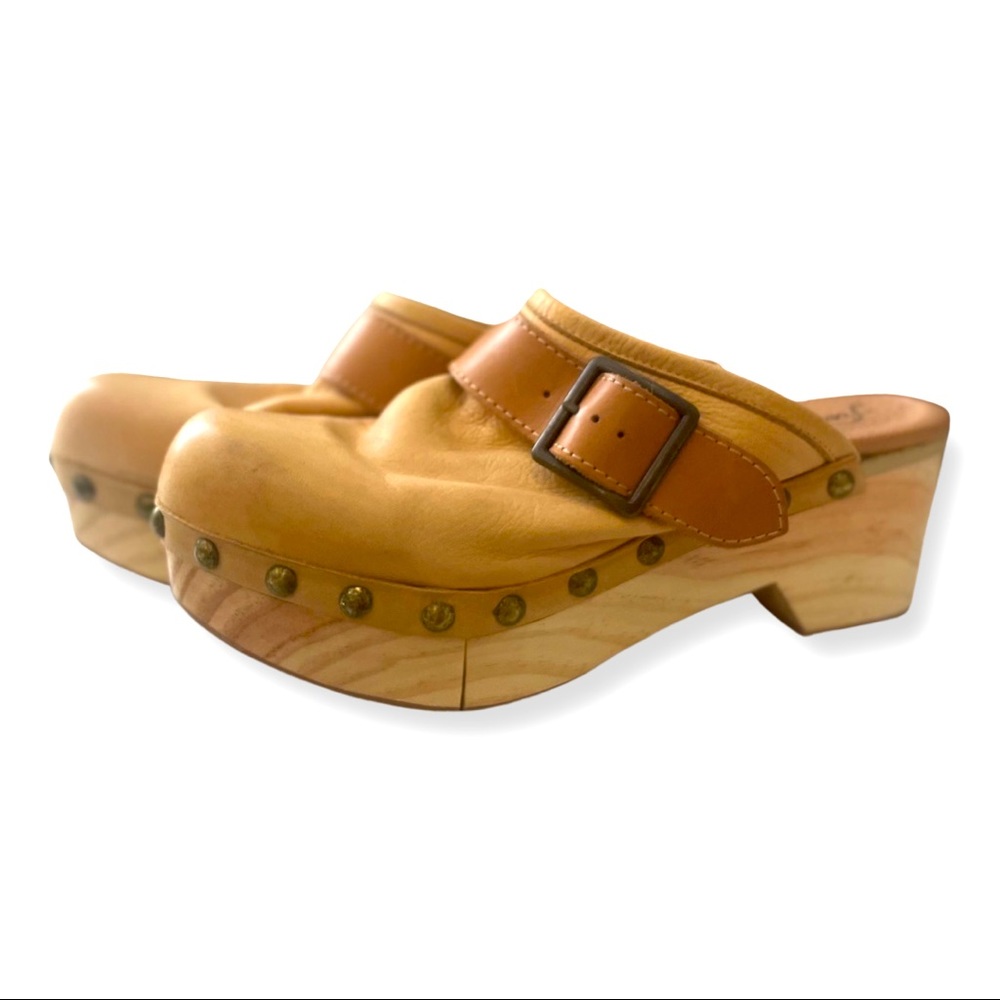 Free People Tan Leather Wood Clogs